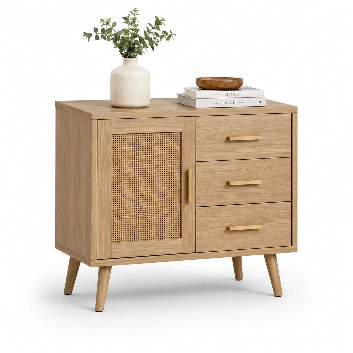 Buffet en bois de chêne avec porte et tiroirs en rotin