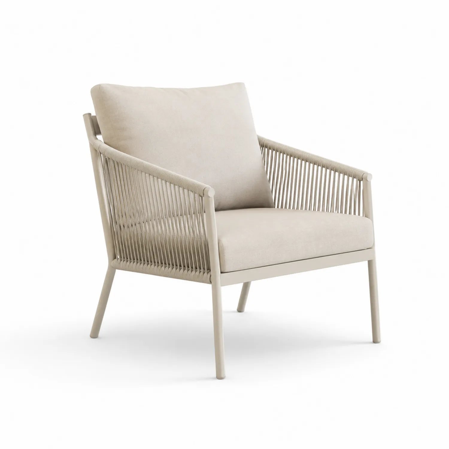 Fauteuil de jardin en aluminium et corde beige avec coussins en polyester