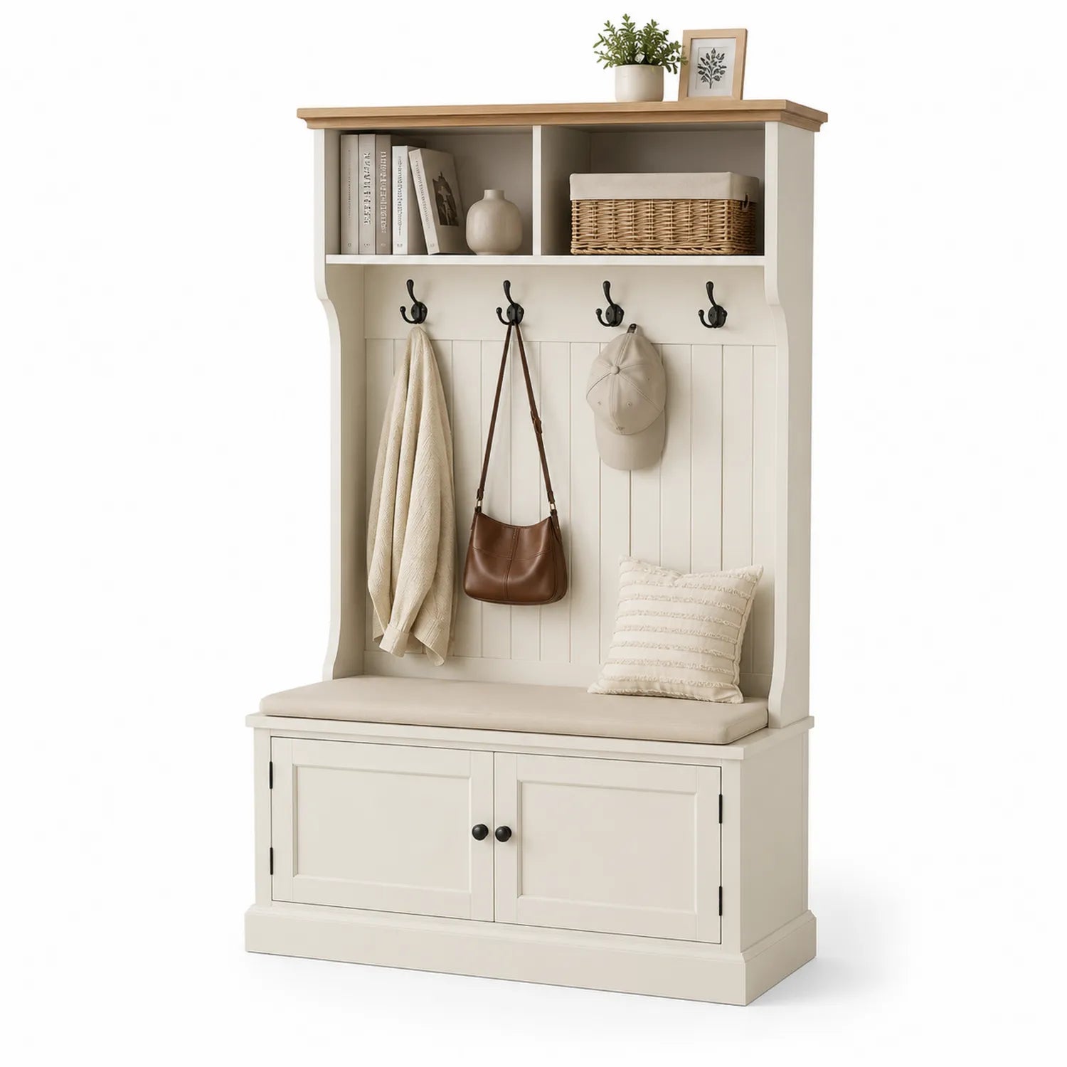 Meuble d'entrée en bois et MDF avec banc et crochets Beige
