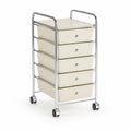 Chariot de rangement 5 tiroirs en plastique crème avec cadre en métal chromé