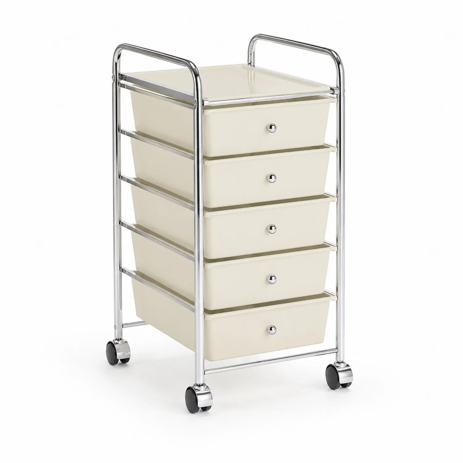 Chariot de rangement 5 tiroirs en plastique crème avec cadre en métal chromé