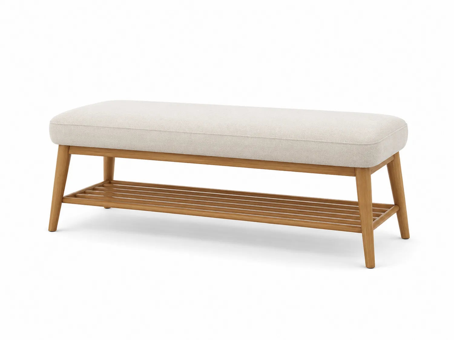 Banc en bois avec assise en tissu beige et étagère