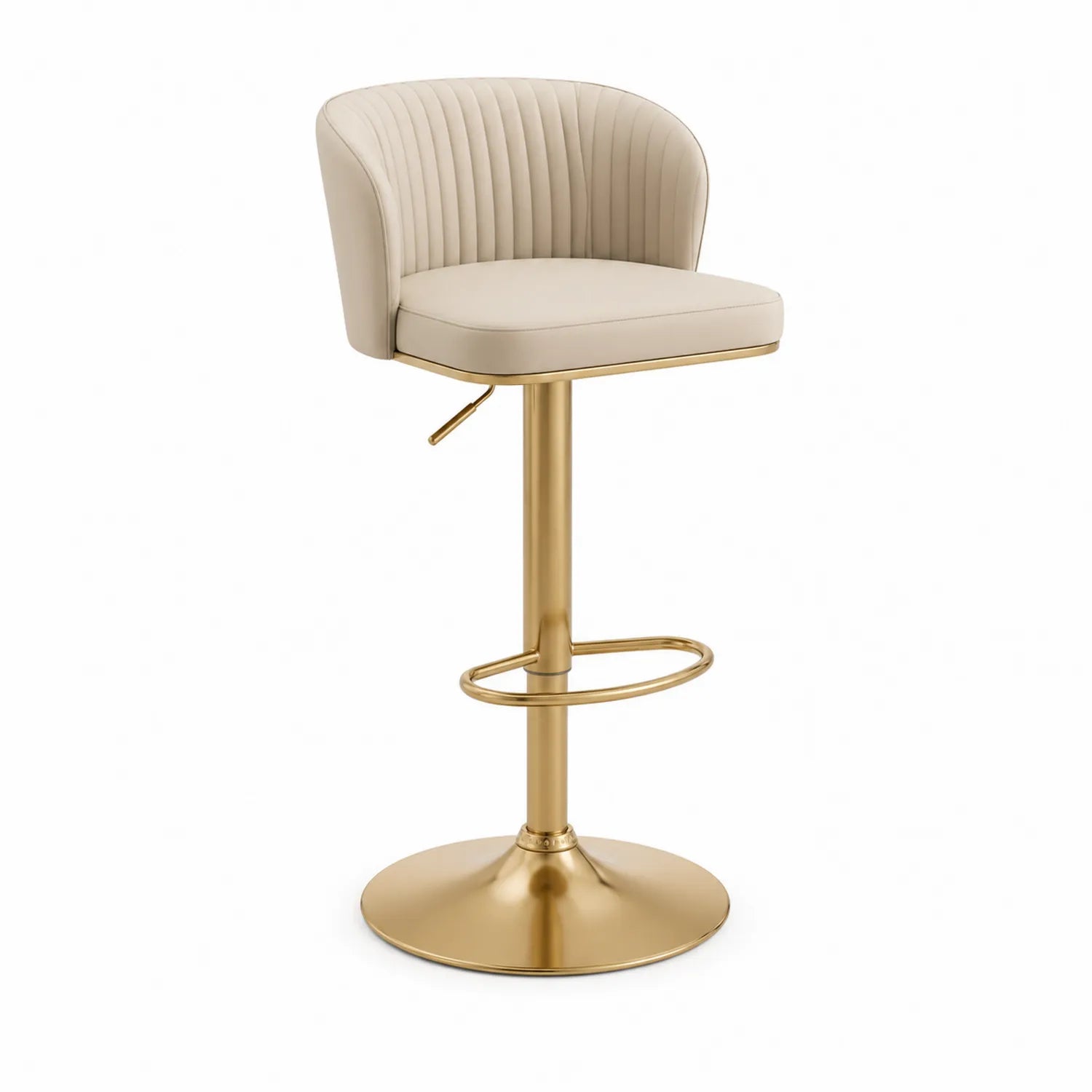 Tabouret de bar en cuir beige avec base en métal doré réglable