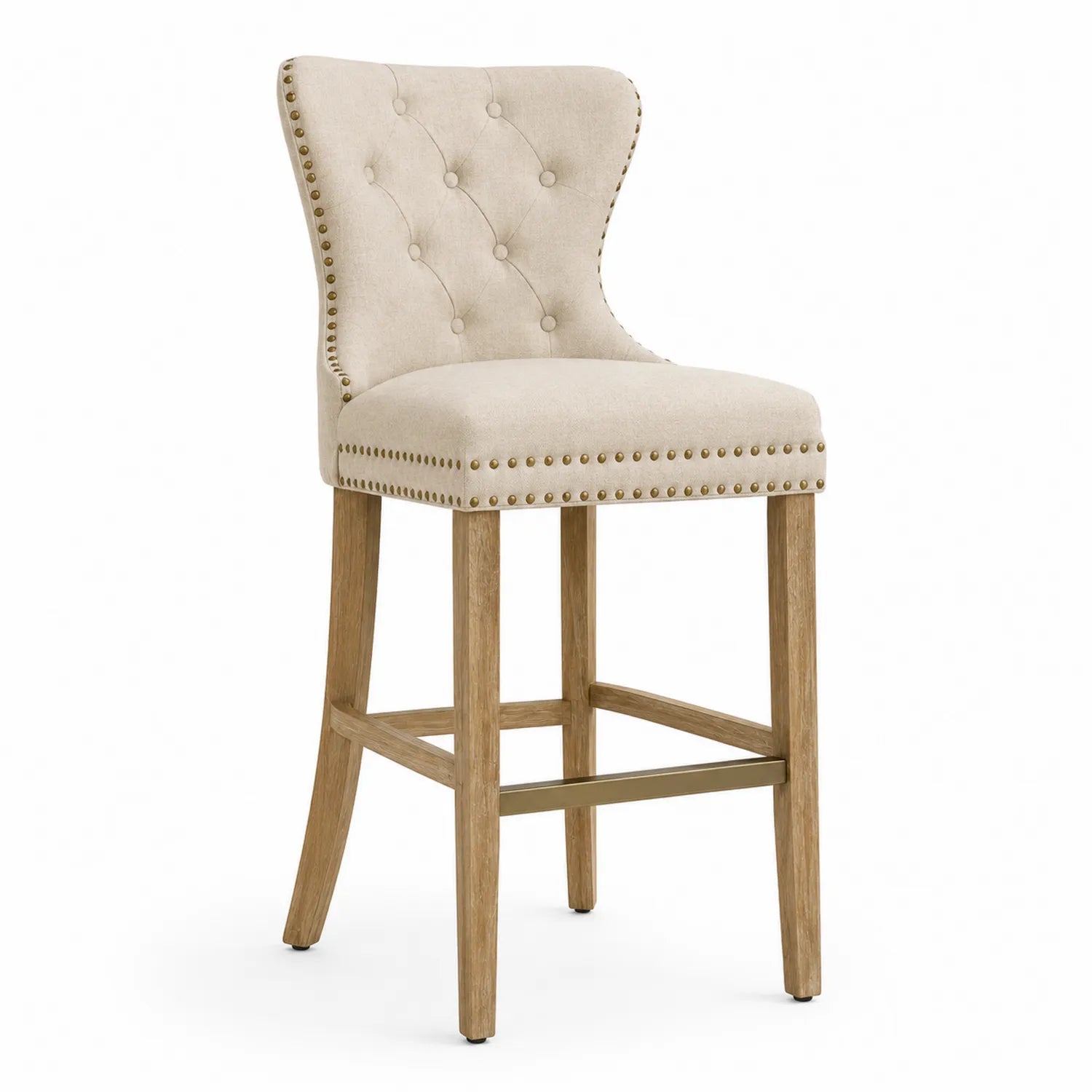 Tabouret de bar en tissu avec pied en bois et clous décoratifs