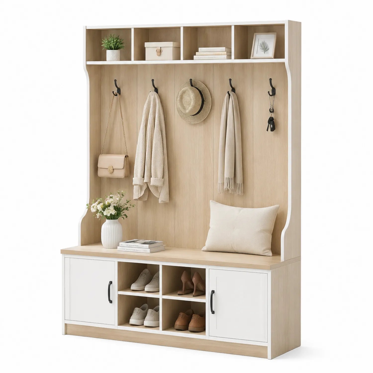 Ensemble de Portemanteau d'Entrée en Bois MDF Blanc et Chêne avec Banc