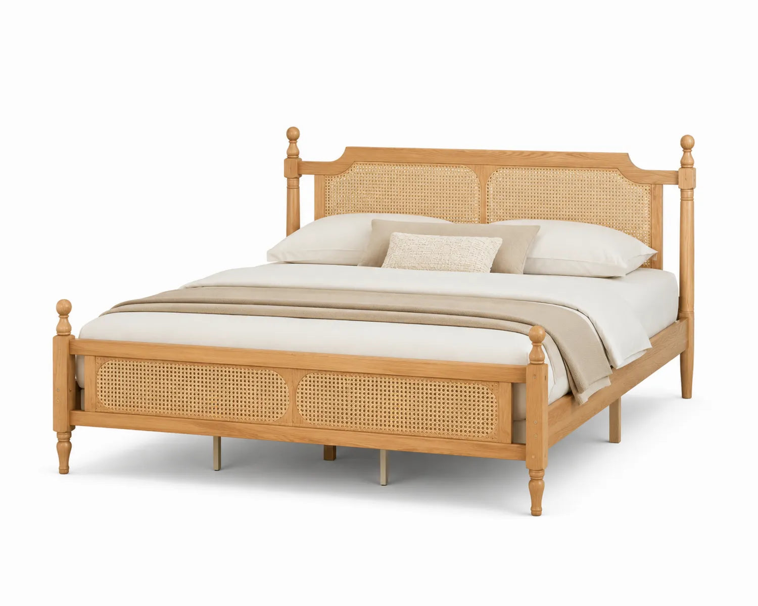 Lit double en bois avec tête de lit en rotin 200x160 cm
