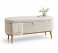 Banc de rangement en tissu polyester Crème avec pieds en bois, 110 cm