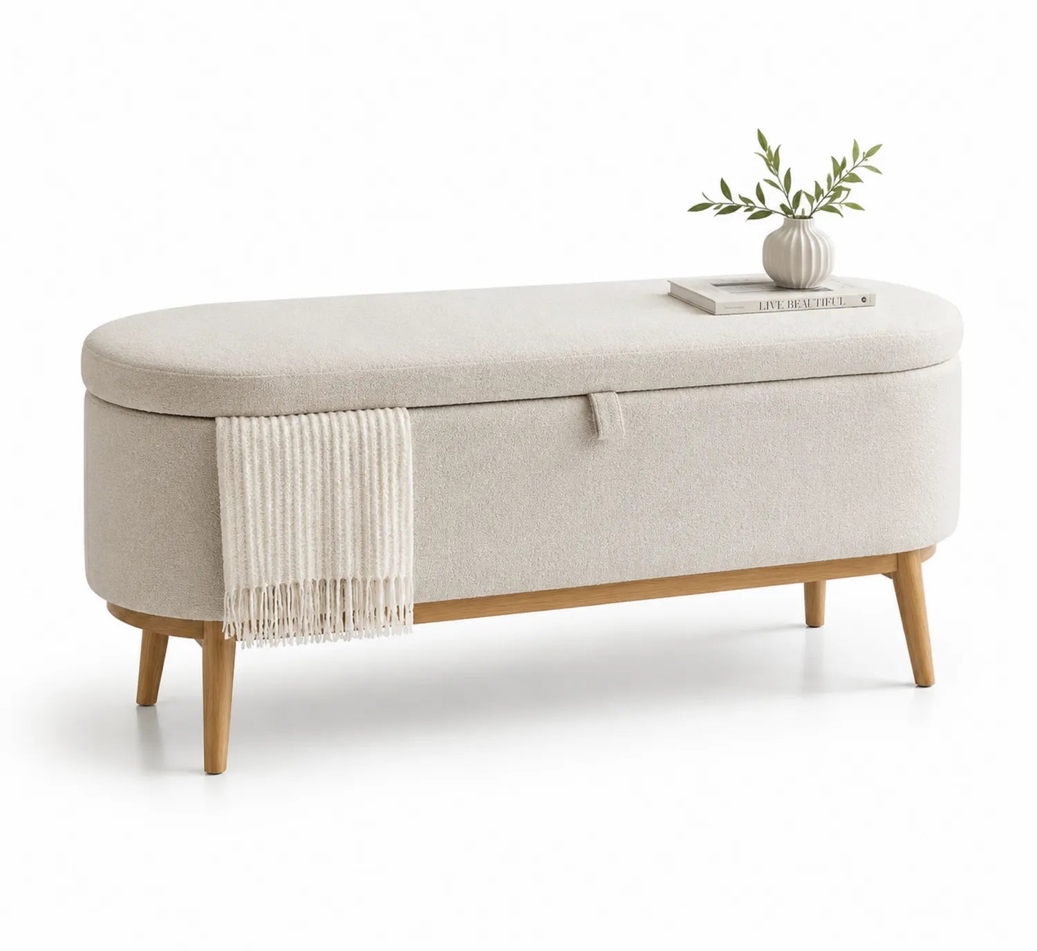 Banc de rangement en tissu polyester Crème avec pieds en bois, 110 cm