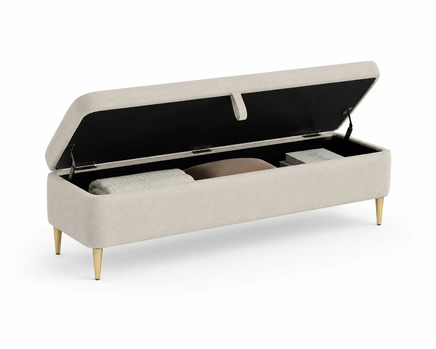 Banc de rangement en tissu polyester beige avec pieds en métal doré