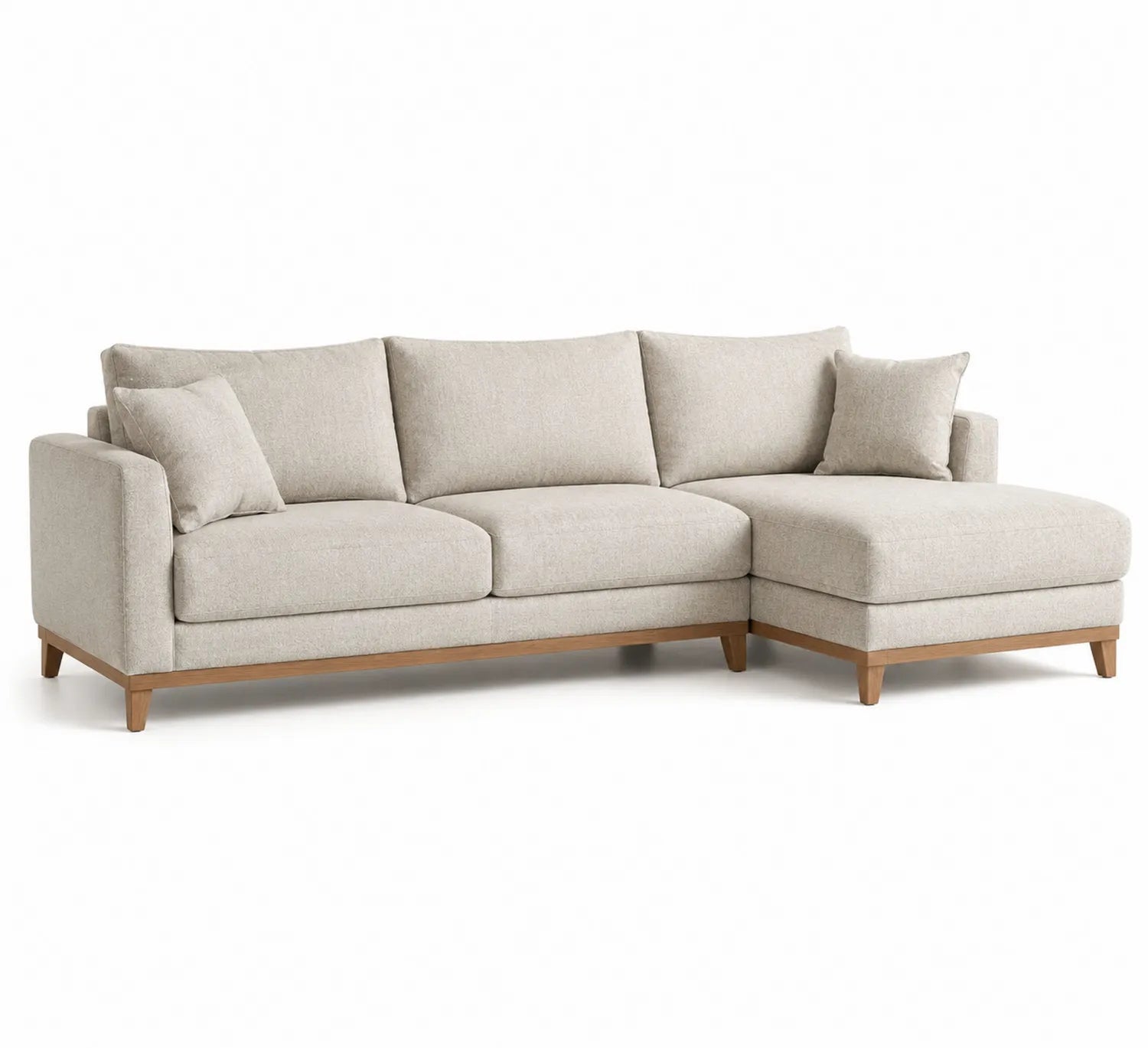 Canapé d'angle en tissu beige avec pieds en bois