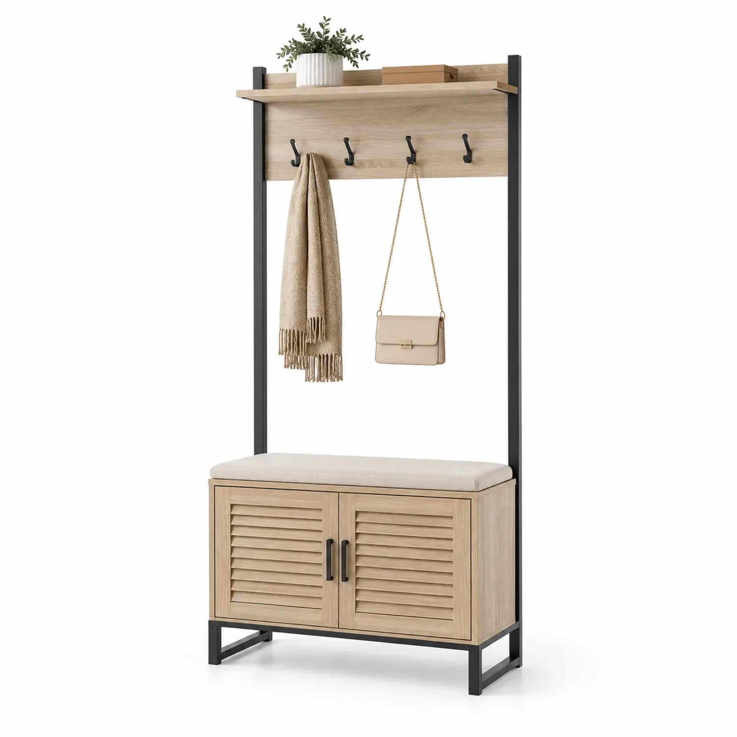 Portemanteau en bois et métal avec banc de rangement et crochets 80x40x180cm