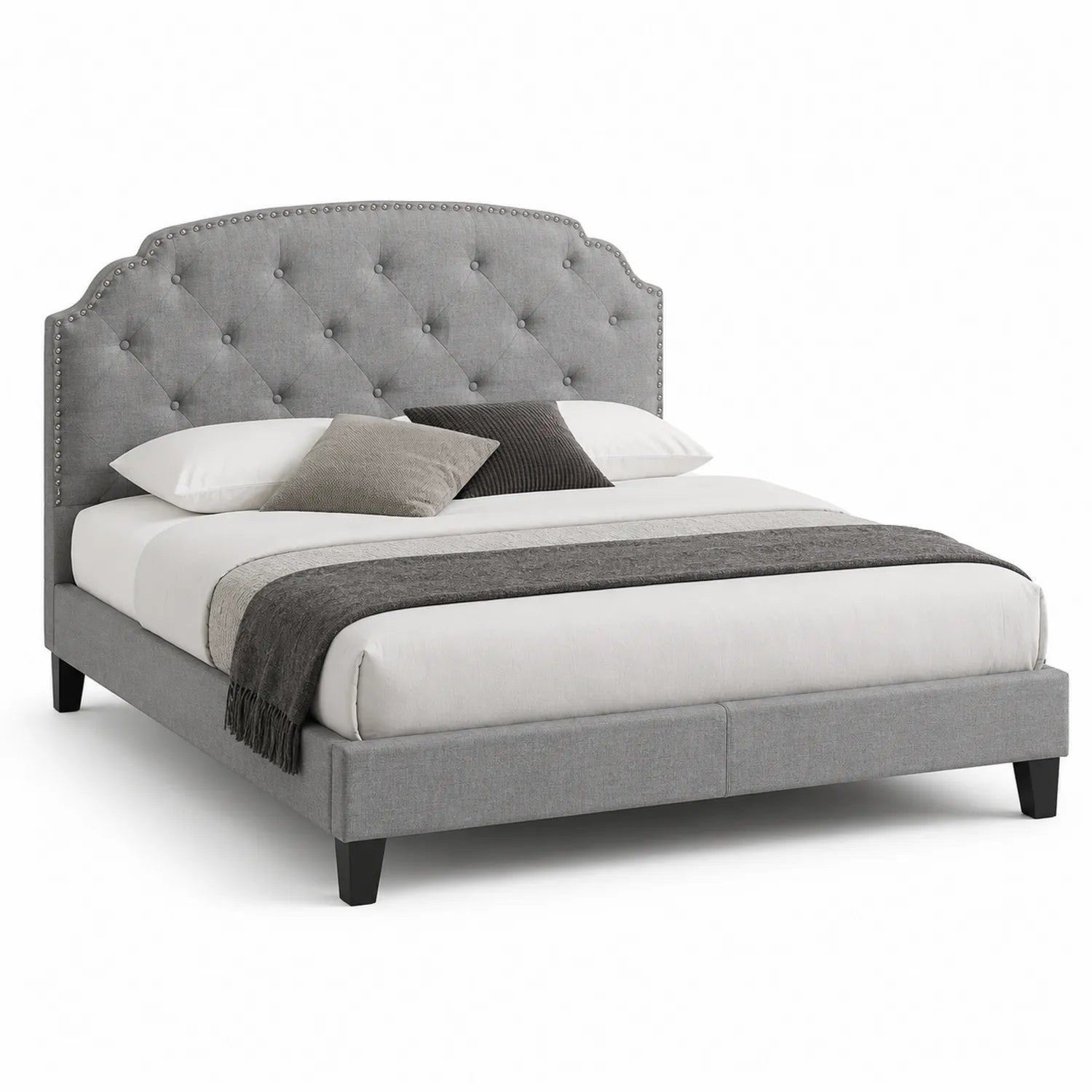 Lit double en bois massif et lin polyester gris 160x200 cm