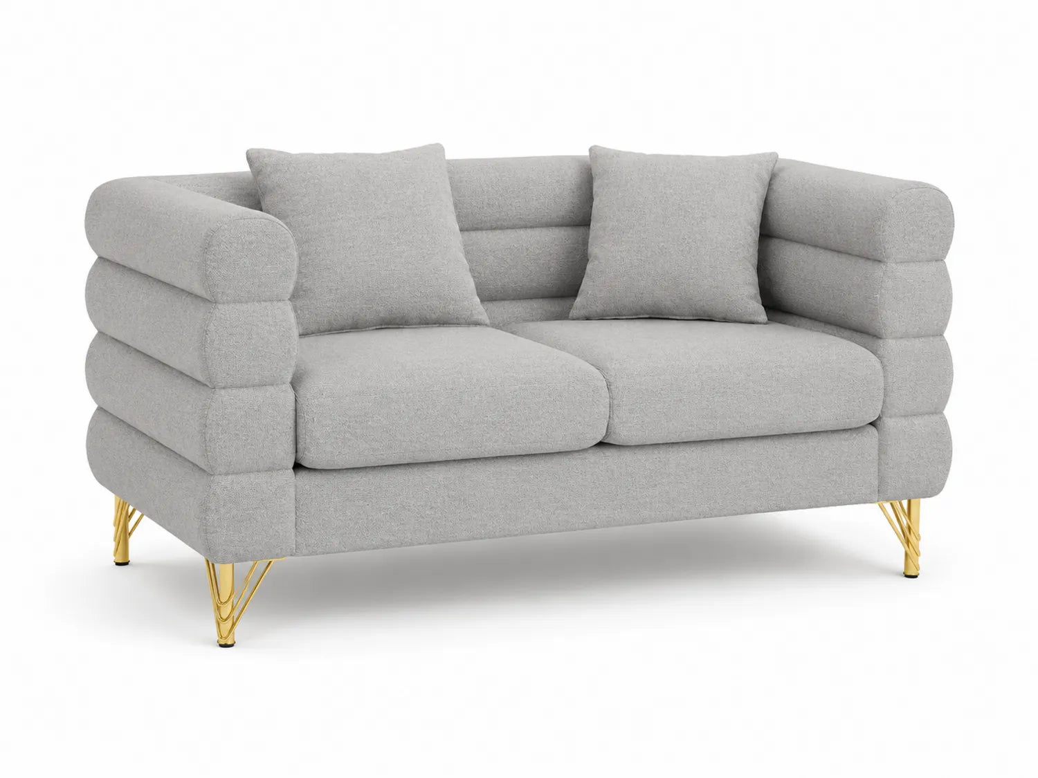 Canapé deux places tissu polyester gris pieds en métal doré