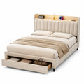 Lit double en tissu avec rangement tête de lit beige 200x160 cm