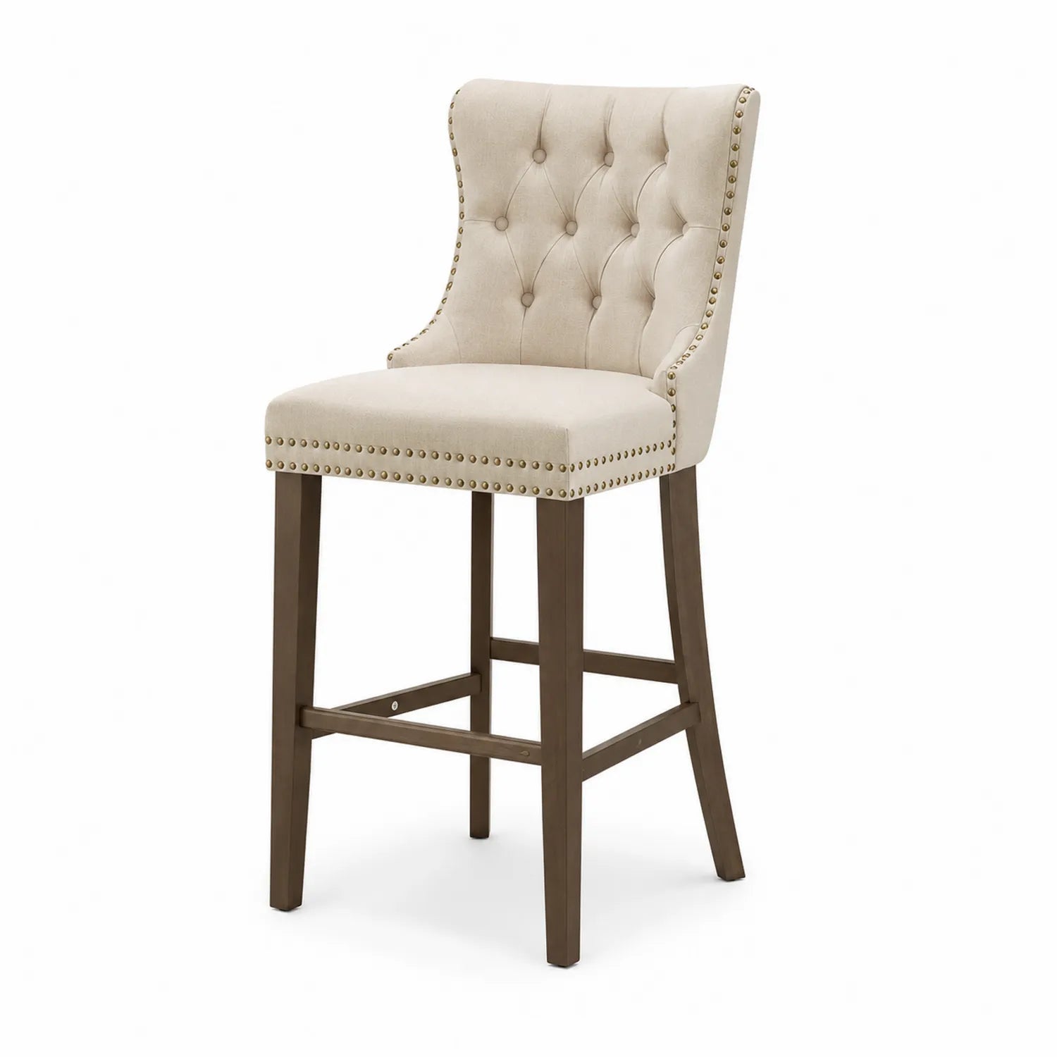 Tabouret de bar en bois avec assise en lin beige et clous décoratifs