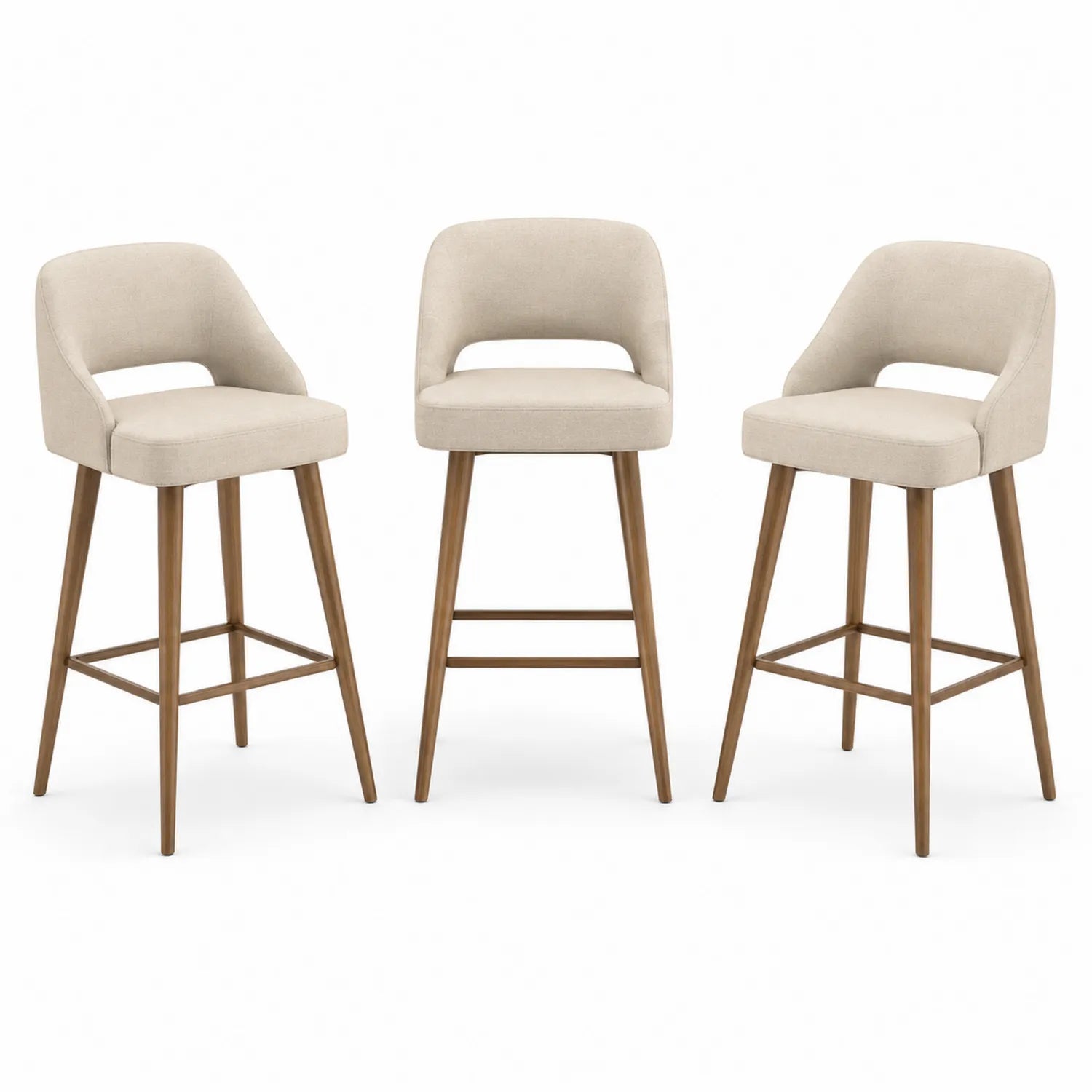 Ensemble de 3 tabourets de bar en bois et tissu beige, hauteur 75 cm