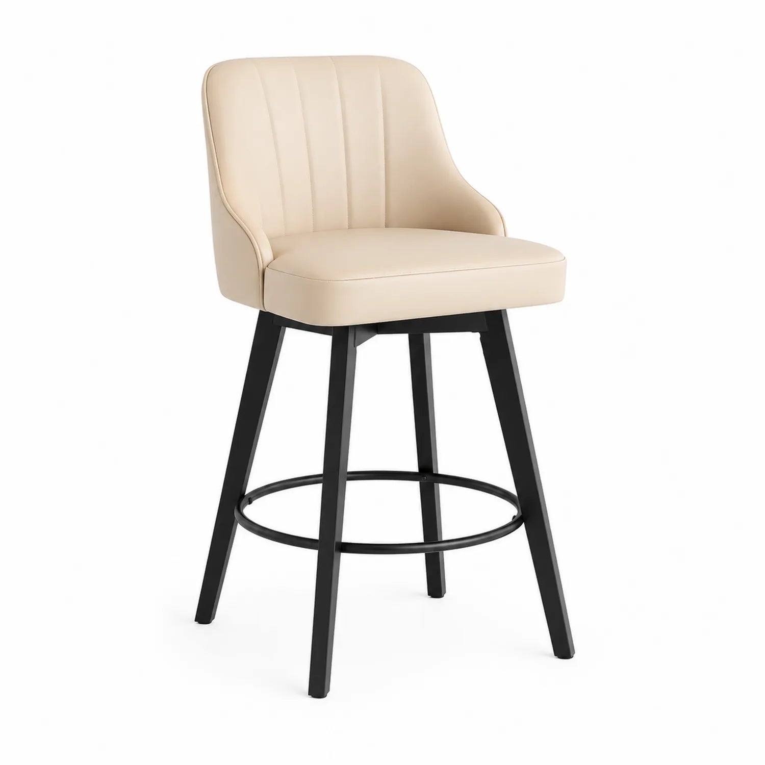 Tabouret de bar en cuir synthétique beige avec cadre en métal noir