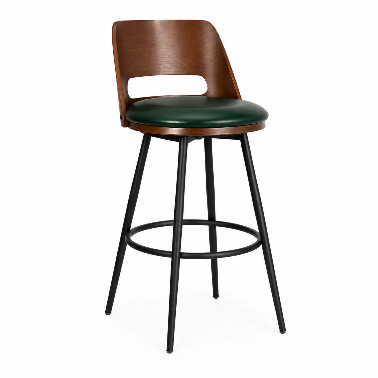 Tabouret de bar en bois avec assise en cuir synthétique vert et pieds en métal